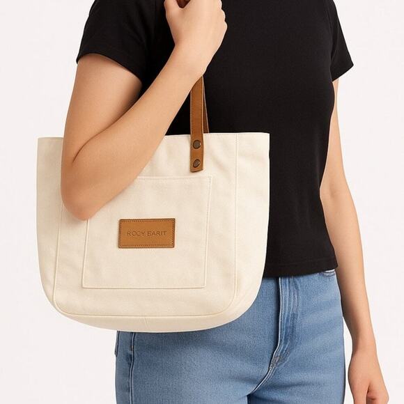 Cozy Earth Handbags - Cozy Earth Cream Canvas Tote Bag Tan Handles Minimalist Everyday Carryall